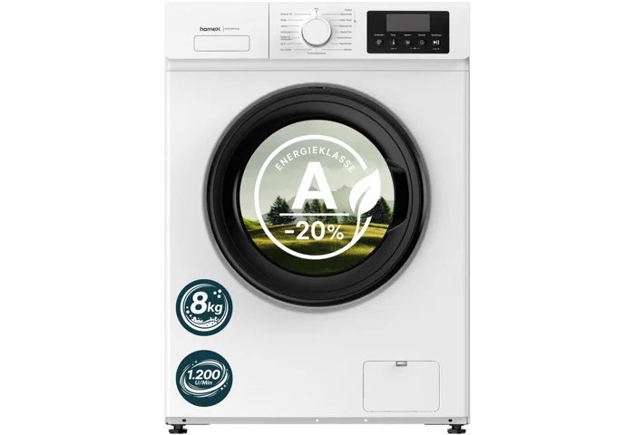 homeX Waschmaschine WF812W1A-W, 8 kg, 1200 U/min, Frontlader 8kg, 1.200 U/Min, Dampffunktion, Inverter Motor, EEK A -20%