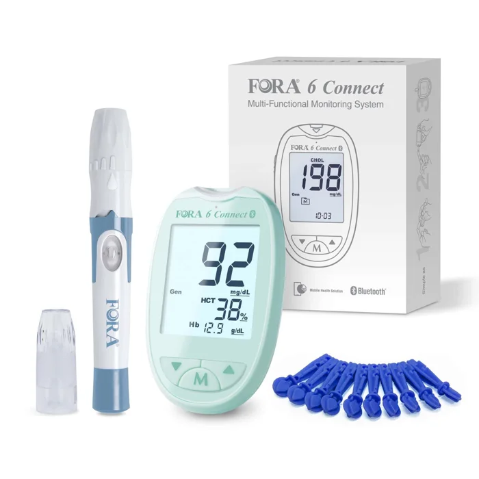 FORA 6 Connect 6-in-1 Starter-Kit - Special Edition - mg/dl - für Zuhause - Bluetooth-Sync - Grün